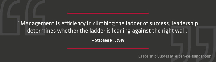 Leadership Quotes - Management is efficiency in climbing the ladder of success; leadership determines whether the ladder is leaning against the right wall - Stephen R. Covey